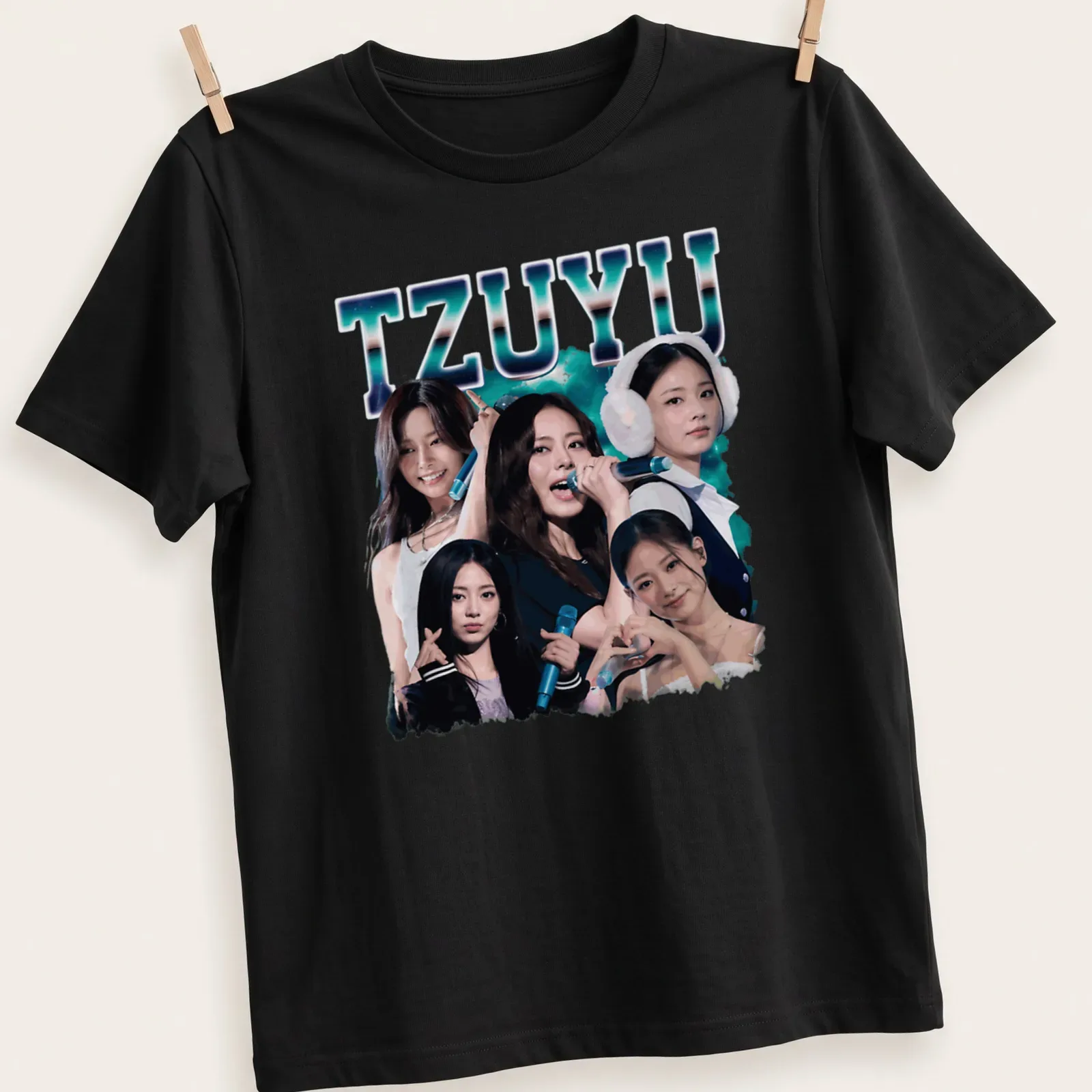 Vintage retro tee featuring a colorful TZUYU K-Pop idol collage — printed on a unisex t-shirt