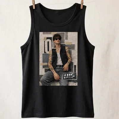 Tattooed man in denim vest with 'UIS' text in grunge style — printed on a tank top