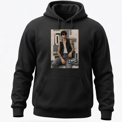 Tattooed man in denim vest with 'UIS' text in grunge style — printed on a unisex hoodie