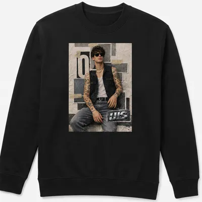 Tattooed man in denim vest with 'UIS' text in grunge style — printed on a unisex sweatshirt