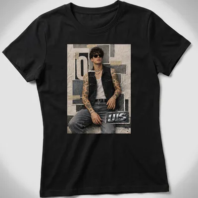 Tattooed man in denim vest with 'UIS' text in grunge style — printed on a women's shirt