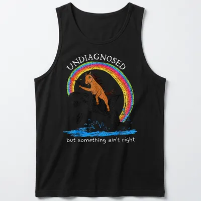 Colorful cartoon of a horse riding an orca with a rainbow, text included — printed on a tank top