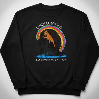 Colorful cartoon of a horse riding an orca with a rainbow, text included — printed on a unisex sweatshirt
