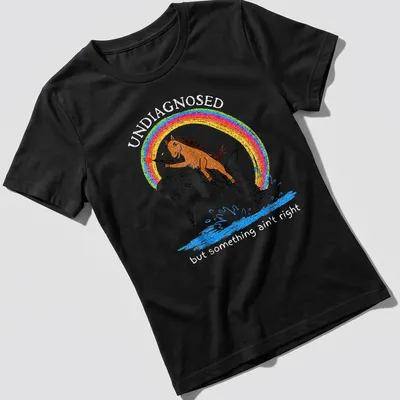 Colorful cartoon of a horse riding an orca with a rainbow, text included — printed on a women's shirt