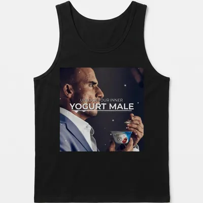 A man holds yogurt with the phrase 'Unlock Your Inner Yogurt Male' in a modern font. — printed on a tank top