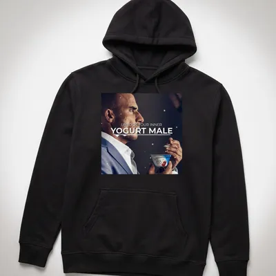 A man holds yogurt with the phrase 'Unlock Your Inner Yogurt Male' in a modern font. — printed on a unisex hoodie
