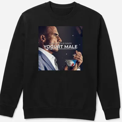 A man holds yogurt with the phrase 'Unlock Your Inner Yogurt Male' in a modern font. — printed on a unisex sweatshirt