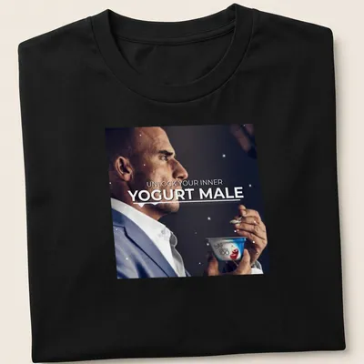 A man holds yogurt with the phrase 'Unlock Your Inner Yogurt Male' in a modern font.