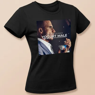 A man holds yogurt with the phrase 'Unlock Your Inner Yogurt Male' in a modern font. — printed on a women's shirt