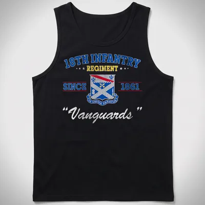 Military emblem t-shirt featuring the 18th Infantry Regiment Since 1861 in blue, red, yellow, and white. — printed on a tank top