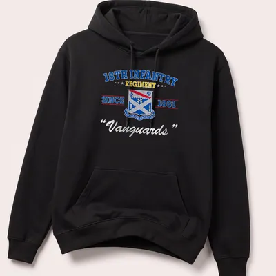 Military emblem t-shirt featuring the 18th Infantry Regiment Since 1861 in blue, red, yellow, and white. — printed on a unisex hoodie