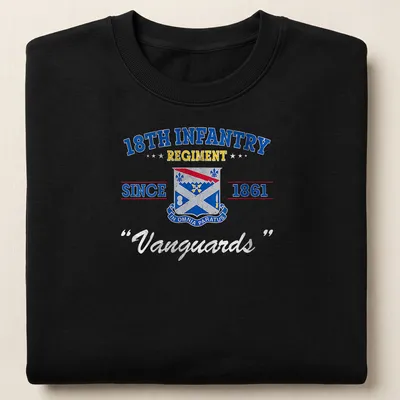 Military emblem t-shirt featuring the 18th Infantry Regiment Since 1861 in blue, red, yellow, and white. — printed on a unisex sweatshirt