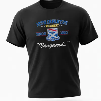 Military emblem t-shirt featuring the 18th Infantry Regiment Since 1861 in blue, red, yellow, and white.
