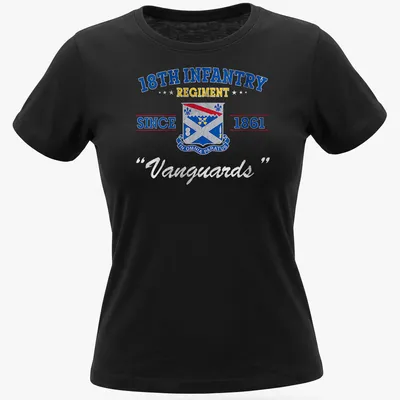 Military emblem t-shirt featuring the 18th Infantry Regiment Since 1861 in blue, red, yellow, and white. — printed on a women's shirt
