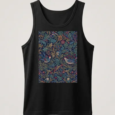Vintage abstract floral T-shirt with colorful birds in a harmonious design — printed on a tank top
