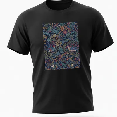 Vintage abstract floral T-shirt with colorful birds in a harmonious design