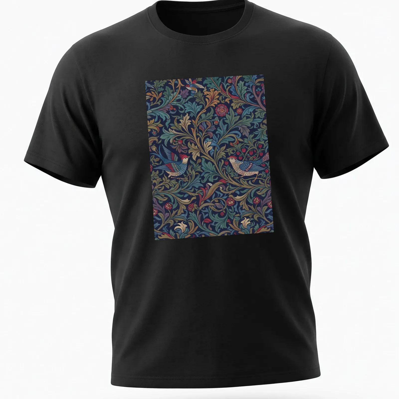 Vintage abstract floral T-shirt with colorful birds in a harmonious design — printed on a unisex t-shirt