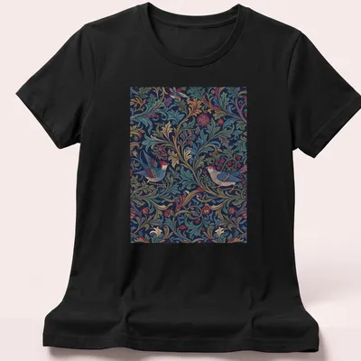 Vintage abstract floral T-shirt with colorful birds in a harmonious design — printed on a women's shirt