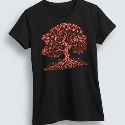Illustration of a vintage Tree of Life with autumn colors in a botanical style. — printed on a women's shirt