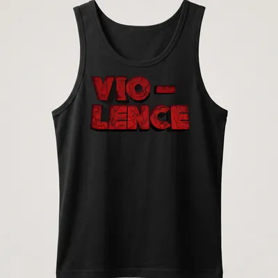 Distressed VIO-LENCE band logo on a red T-shirt in bold lettering — printed on a tank top