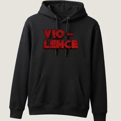 Distressed VIO-LENCE band logo on a red T-shirt in bold lettering — printed on a unisex hoodie