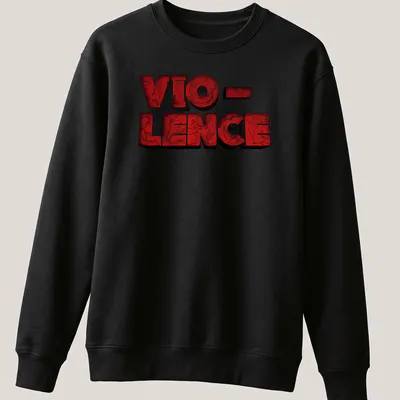 Distressed VIO-LENCE band logo on a red T-shirt in bold lettering — printed on a unisex sweatshirt
