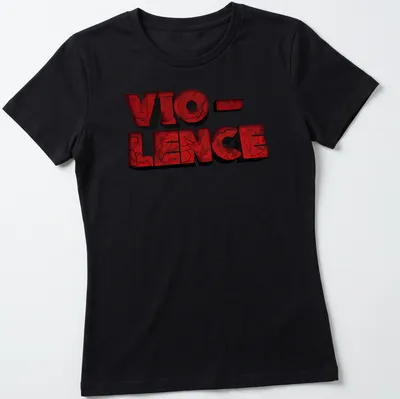 Distressed VIO-LENCE band logo on a red T-shirt in bold lettering — printed on a women's shirt