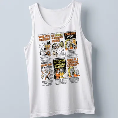 Retro Halloween-themed t-shirt with spooky newspaper ads and colorful text. — printed on a tank top