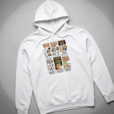 Retro Halloween-themed t-shirt with spooky newspaper ads and colorful text. — printed on a unisex hoodie