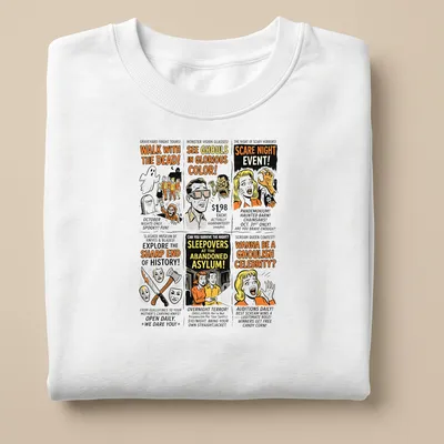 Retro Halloween-themed t-shirt with spooky newspaper ads and colorful text. — printed on a unisex sweatshirt