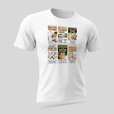 Retro Halloween-themed t-shirt with spooky newspaper ads and colorful text. — printed on a unisex t-shirt (angled view)