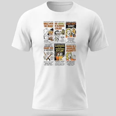 Retro Halloween-themed t-shirt with spooky newspaper ads and colorful text.