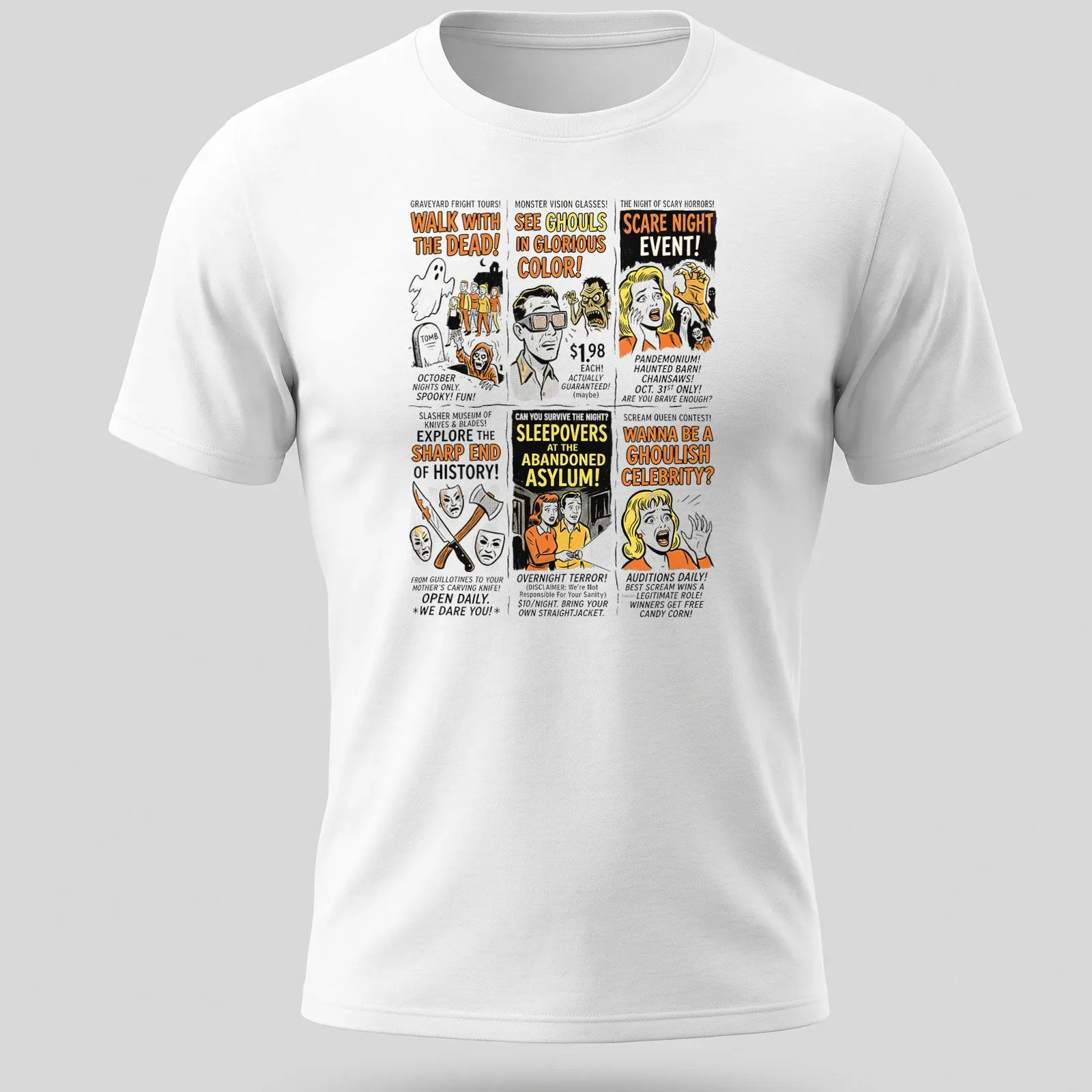 Retro Halloween-themed t-shirt with spooky newspaper ads and colorful text. — printed on a unisex t-shirt