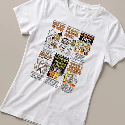 Retro Halloween-themed t-shirt with spooky newspaper ads and colorful text. — printed on a women's shirt