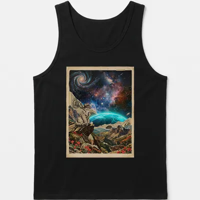Vintage detective shirt featuring surreal collage with neon cosmic theme — printed on a tank top