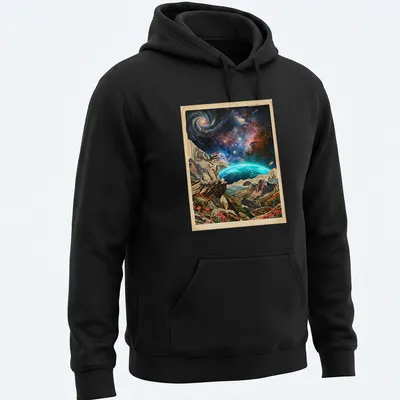 Vintage detective shirt featuring surreal collage with neon cosmic theme — printed on a unisex hoodie