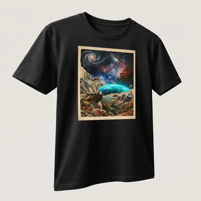 Vintage detective shirt featuring surreal collage with neon cosmic theme — printed on a unisex t-shirt (angled view)