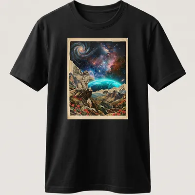 Vintage detective shirt featuring surreal collage with neon cosmic theme