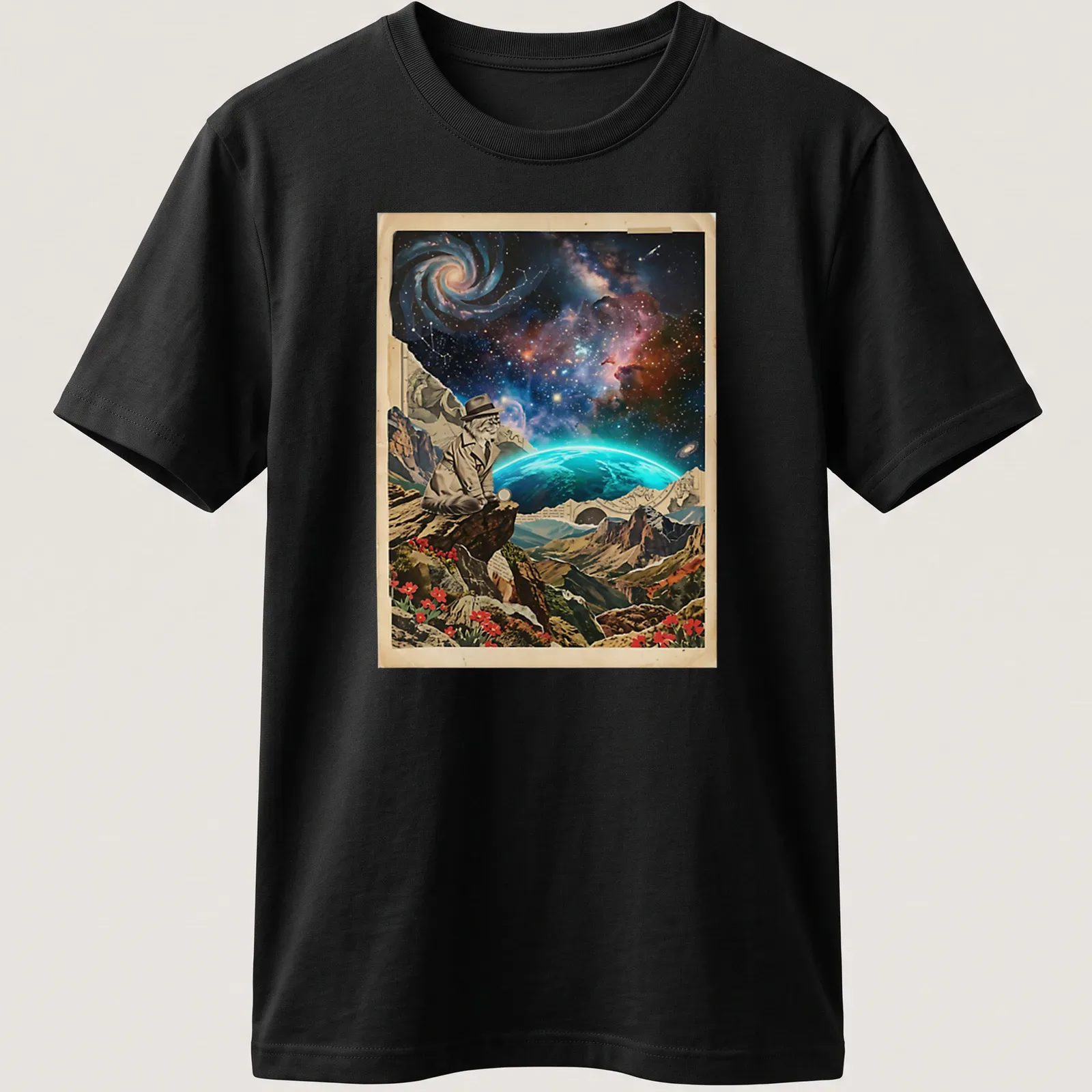 Vintage detective shirt featuring surreal collage with neon cosmic theme — printed on a unisex t-shirt