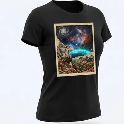 Vintage detective shirt featuring surreal collage with neon cosmic theme — printed on a women's shirt