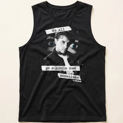Grunge-style tee featuring Billy Loomis with text about madness in black, white, and blue. — printed on a tank top