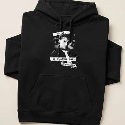 Grunge-style tee featuring Billy Loomis with text about madness in black, white, and blue. — printed on a unisex hoodie