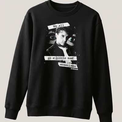 Grunge-style tee featuring Billy Loomis with text about madness in black, white, and blue. — printed on a unisex sweatshirt