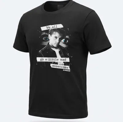 Grunge-style tee featuring Billy Loomis with text about madness in black, white, and blue.
