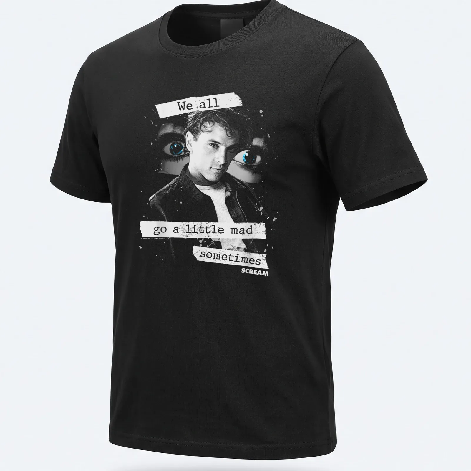 Grunge-style tee featuring Billy Loomis with text about madness in black, white, and blue. — printed on a unisex t-shirt