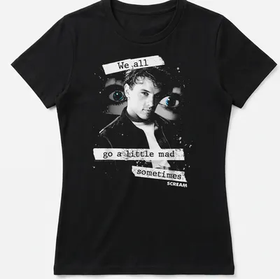 Grunge-style tee featuring Billy Loomis with text about madness in black, white, and blue. — printed on a women's shirt