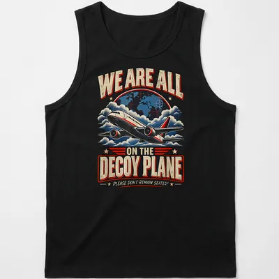 Vintage humorous airplane t-shirt with text about remaining seated — printed on a tank top