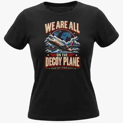 Vintage humorous airplane t-shirt with text about remaining seated — printed on a women's shirt
