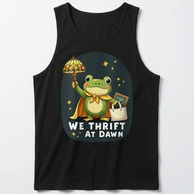 Kawaii frog cartoon holding a shopping bag with We Thrift At Dawn text — printed on a tank top