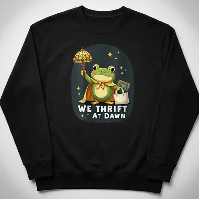 Kawaii frog cartoon holding a shopping bag with We Thrift At Dawn text — printed on a unisex sweatshirt
